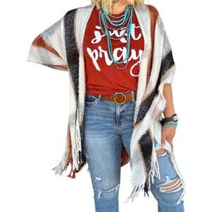 NEW TEXAS TRUE THREADS plaid stacie plaid kimono in ivory multi